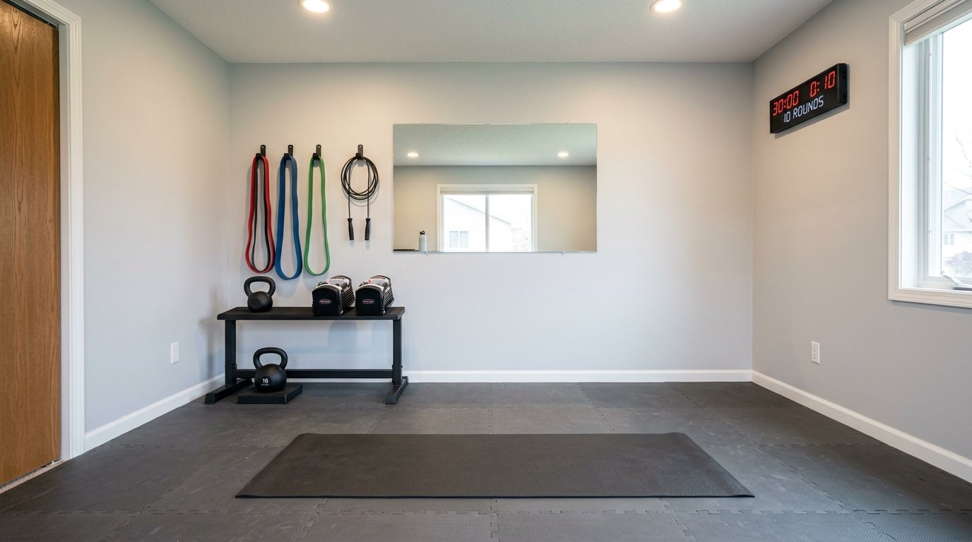 Compact HIIT home gym station with an open rubber mat floor, wall-mounted digital interval timer, and resistance equipment
