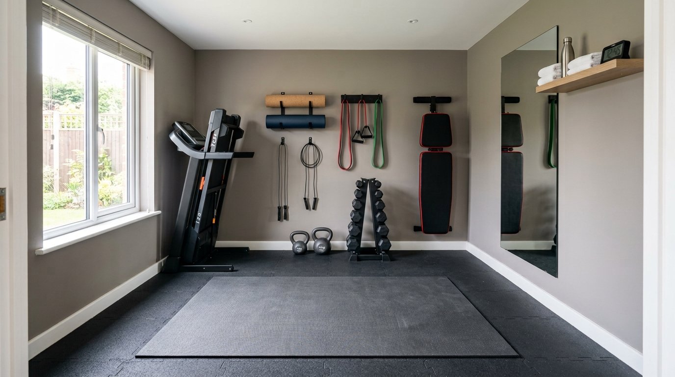 Multipurpose home gym with a folding treadmill, wall-mounted exercise bench, dumbbell rack, and organized resistance bands