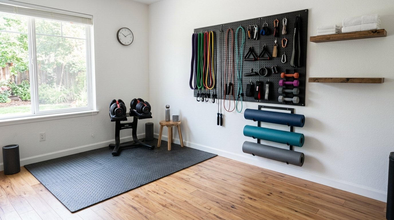 Highly organized home gym wall storage featuring a black pegboard organizer and a wall-mounted yoga mat rack