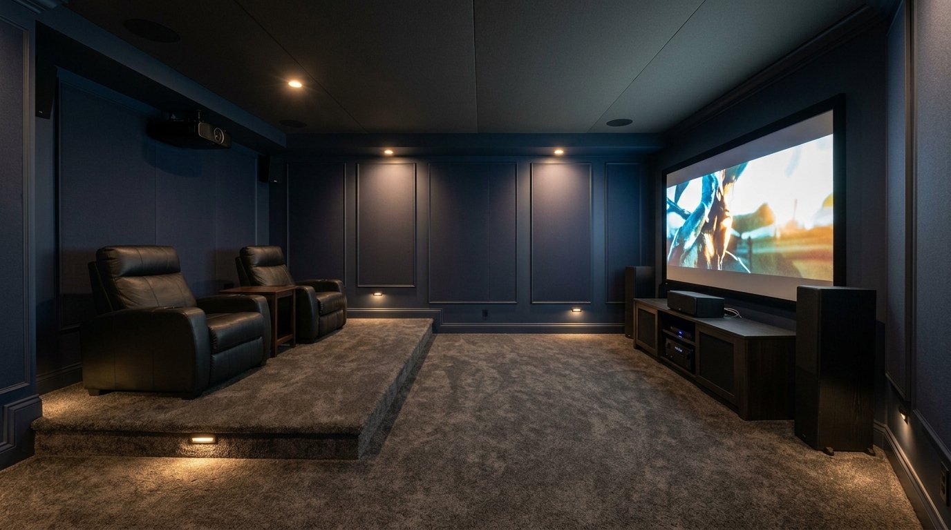 Tiered home theater seating with a carpeted raised rear platform holding leather recliner chairs