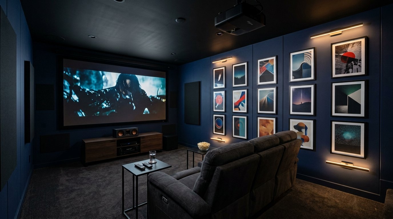 Gallery wall of framed cinema art prints in a precise grid with dedicated picture lighting along the theater side wall