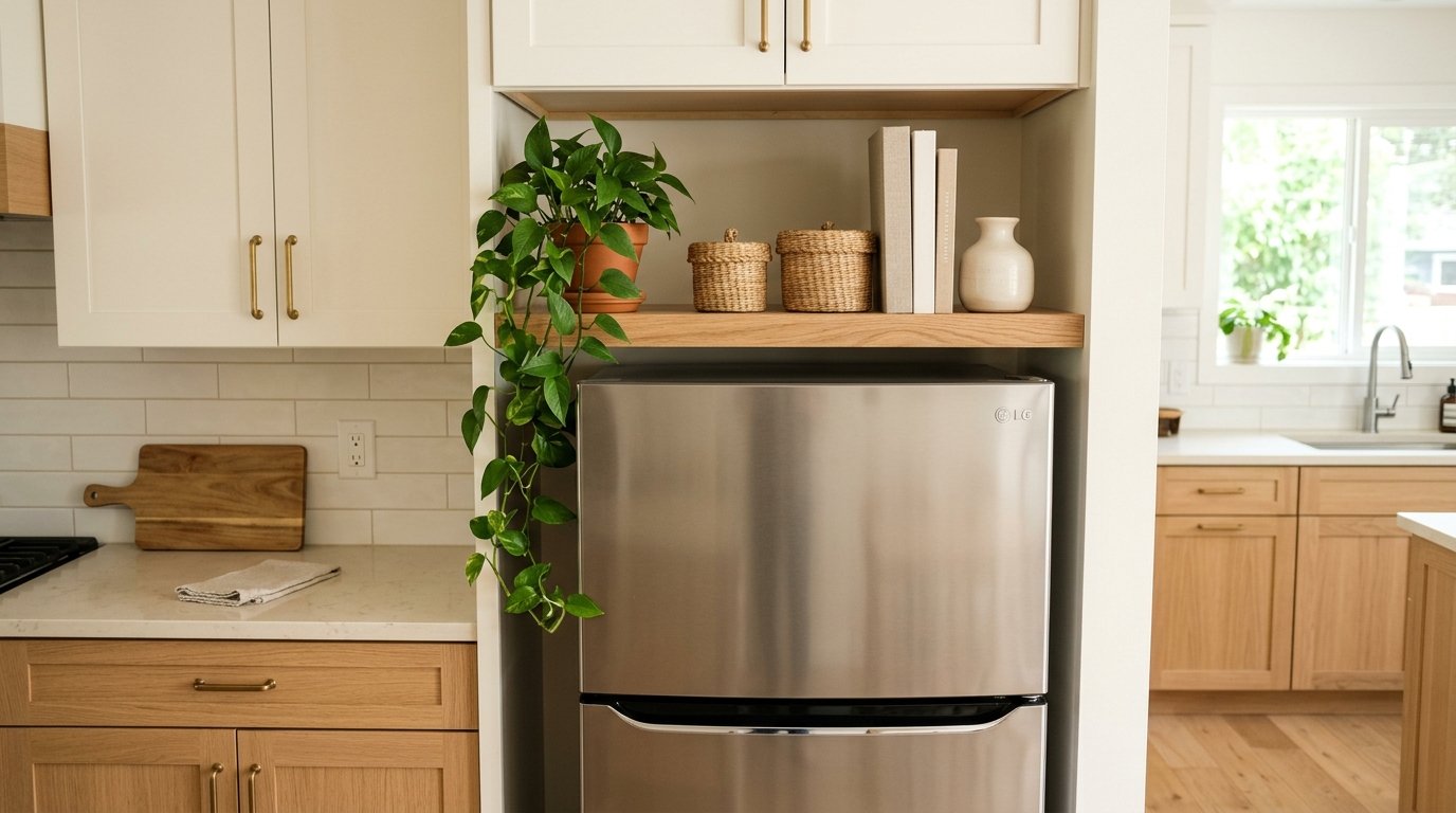 Slim oak floating shelf installed directly above a refrigerator styled with baskets, cookbooks, and a trailing plant