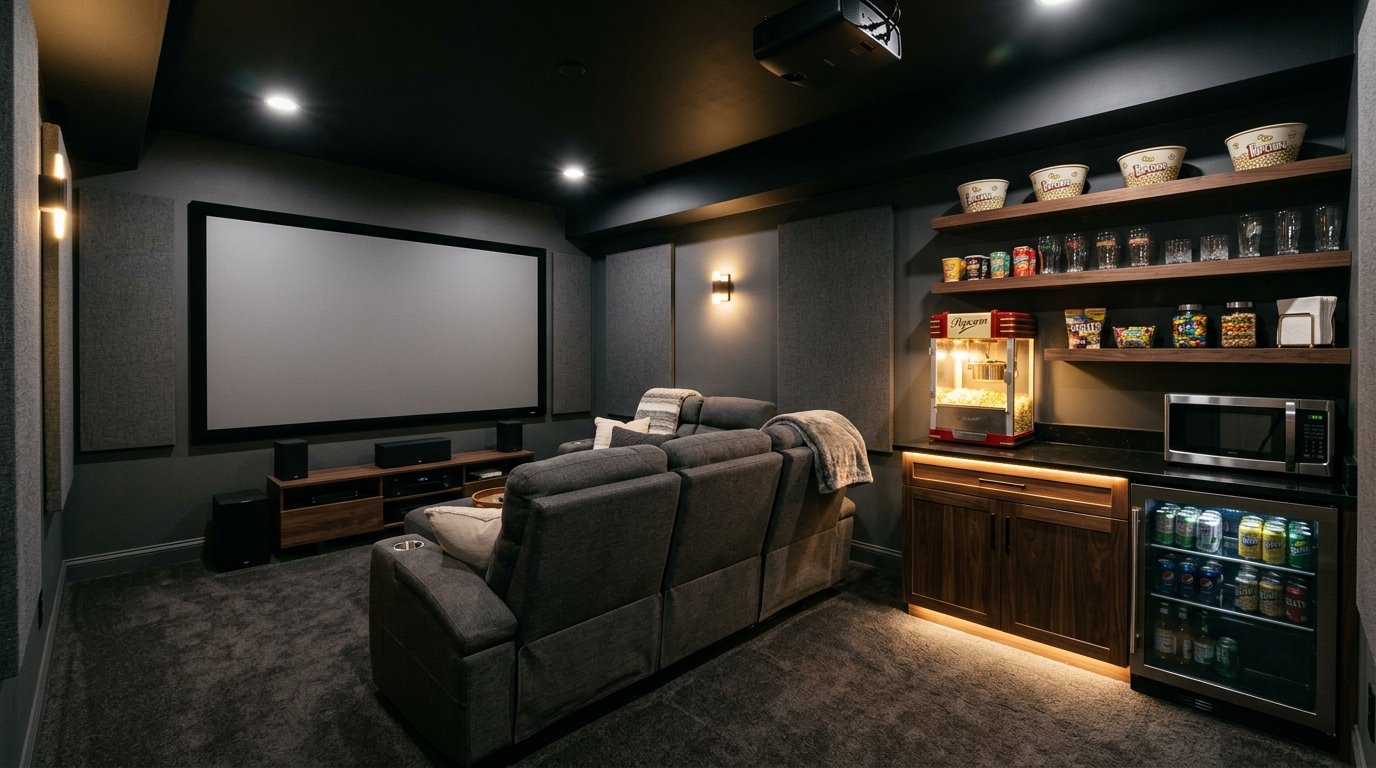 Dedicated home theater snack station with a classic countertop popcorn machine, beverage fridge, microwave, and open shelving