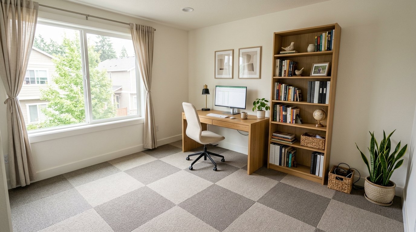 Temporary modular carpet tiles arranged in a checkerboard pattern across a rental home office floor