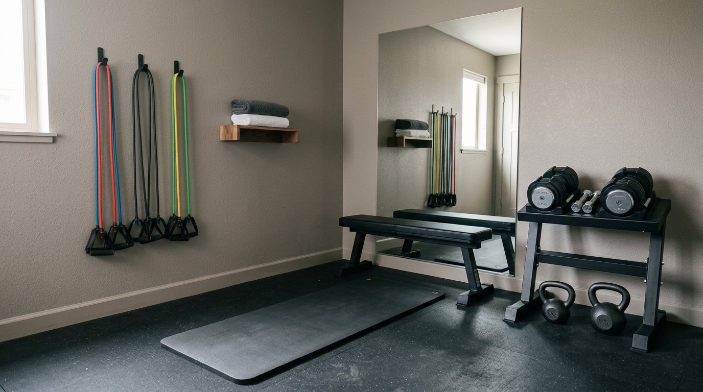 Compact strength training zone equipped with space-saving adjustable dumbbells on a stand, kettlebells, and a flat bench