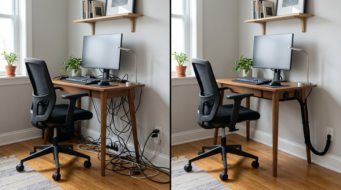 Before and after view of a messy desk with tangled hanging cords transformed with clean under-desk cable management