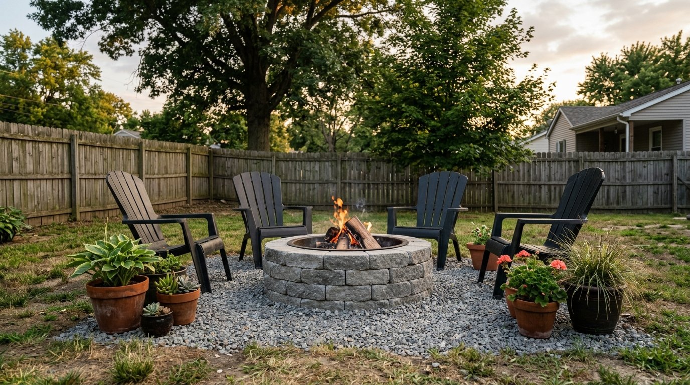Budget-friendly DIY fire pit built from stacked gray concrete landscape retaining blocks on a gravel base