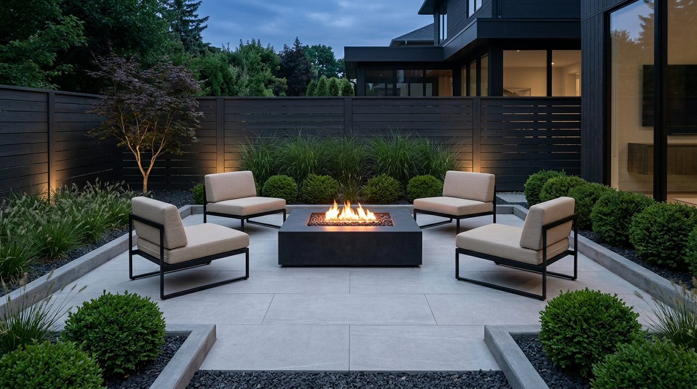 Minimalist backyard patio with a square black fire table, low-profile lounge chairs, and manicured shrub borders