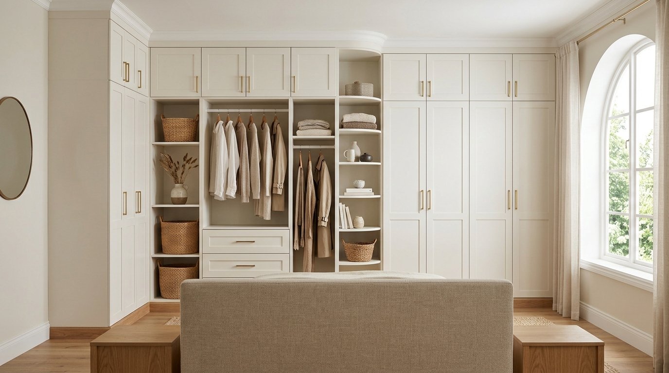 Custom L-shaped built-in corner closet with white shaker cabinets and curved corner display shelves
