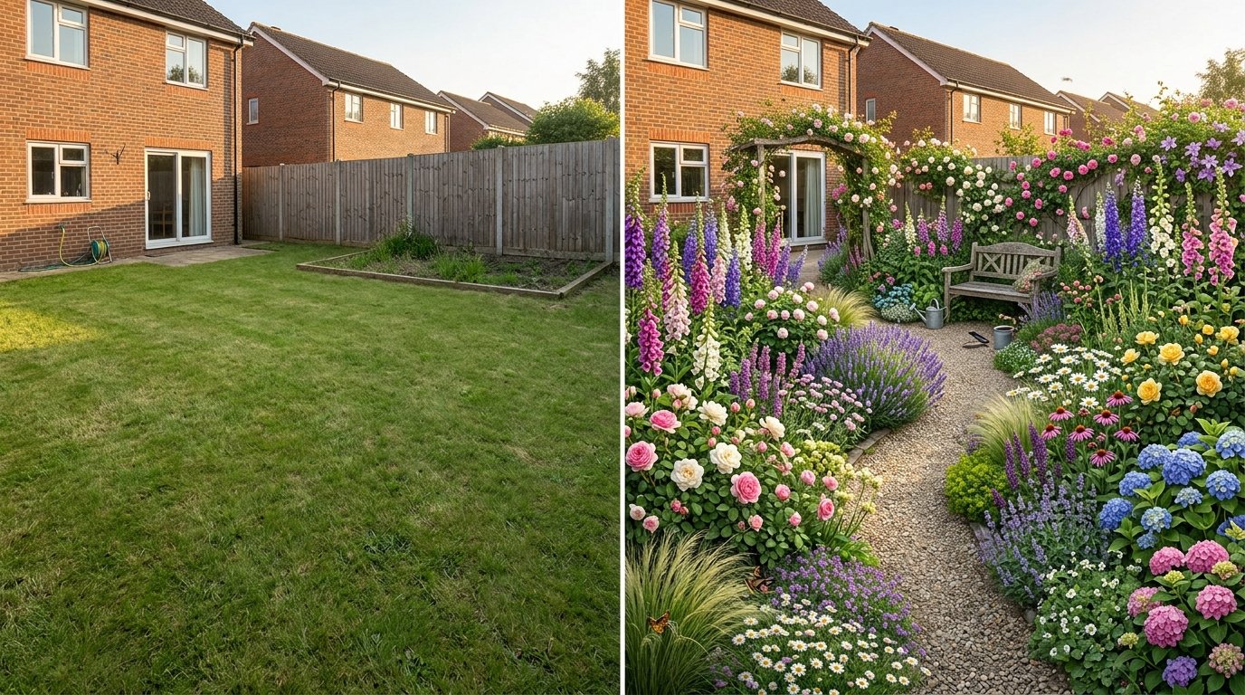 Before and after comparison of an empty backyard turned into a colorful English cottage garden with a rose arch, gravel path, and bench