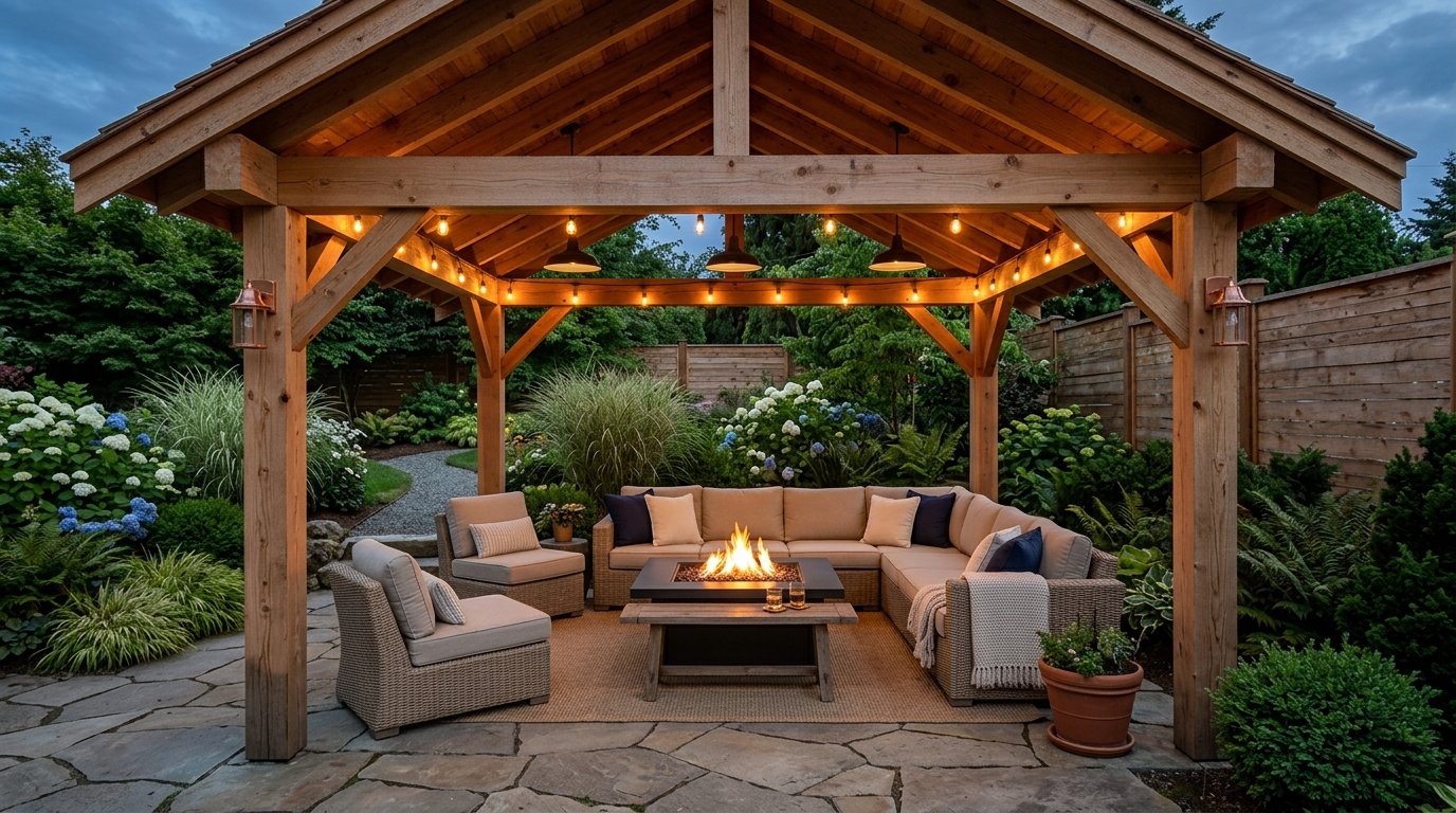 Covered timber frame backyard pavilion with an outdoor sectional sofa, fire table, and warm overhead pendant lighting