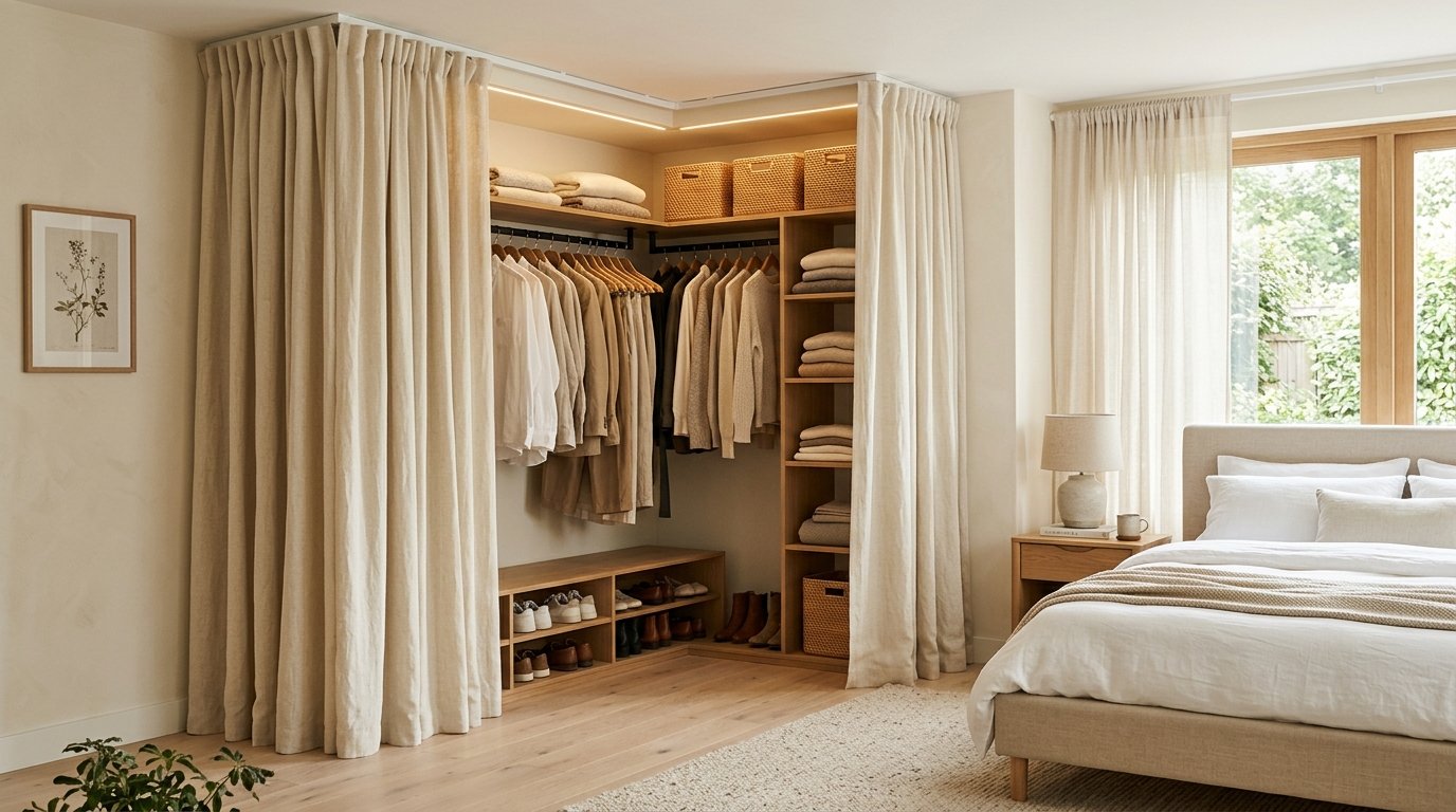 Hidden corner closet organized with oak shelving and concealed behind cream linen curtains