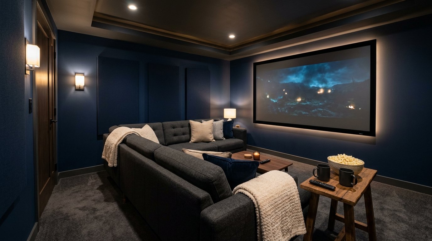 Comfortable charcoal L-shaped sectional sofa styled with cozy blankets and pillows facing a large movie screen