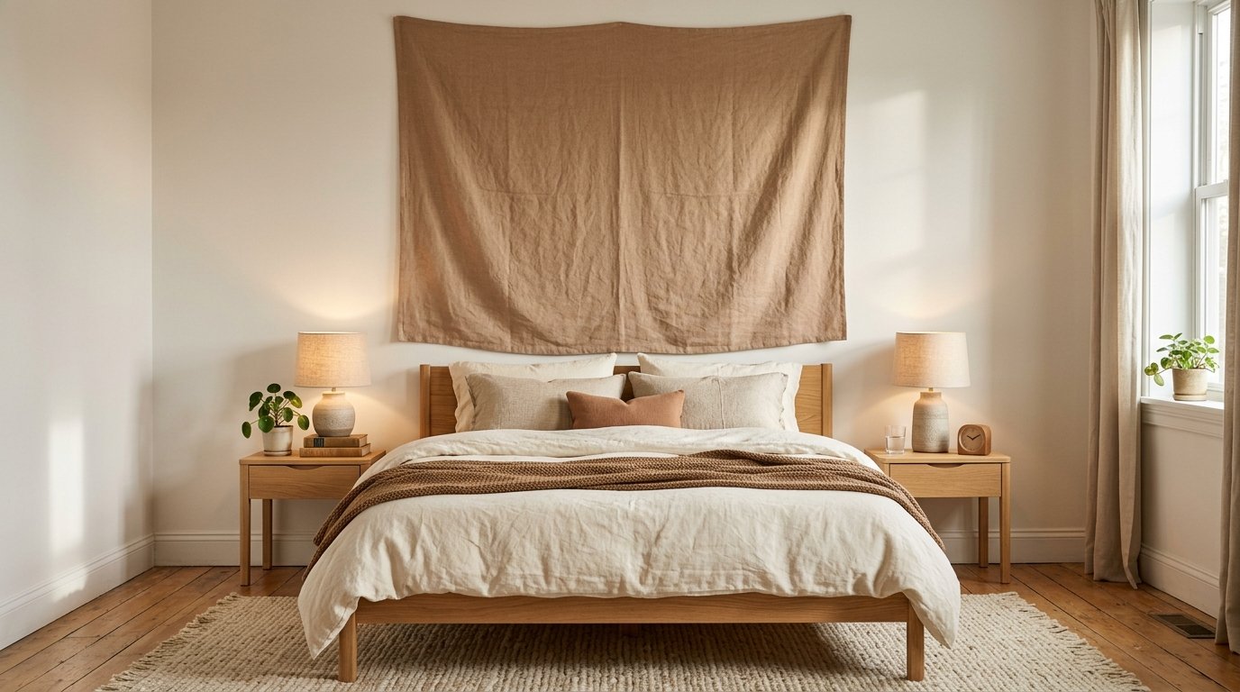 Rental bedroom featuring a soft textured clay-colored natural linen fabric hanging covering the wall behind the bed