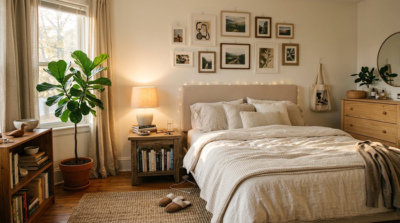 Personalized rental bedroom with gallery wall of photos and art, string lights, cozy books, and personal decor
