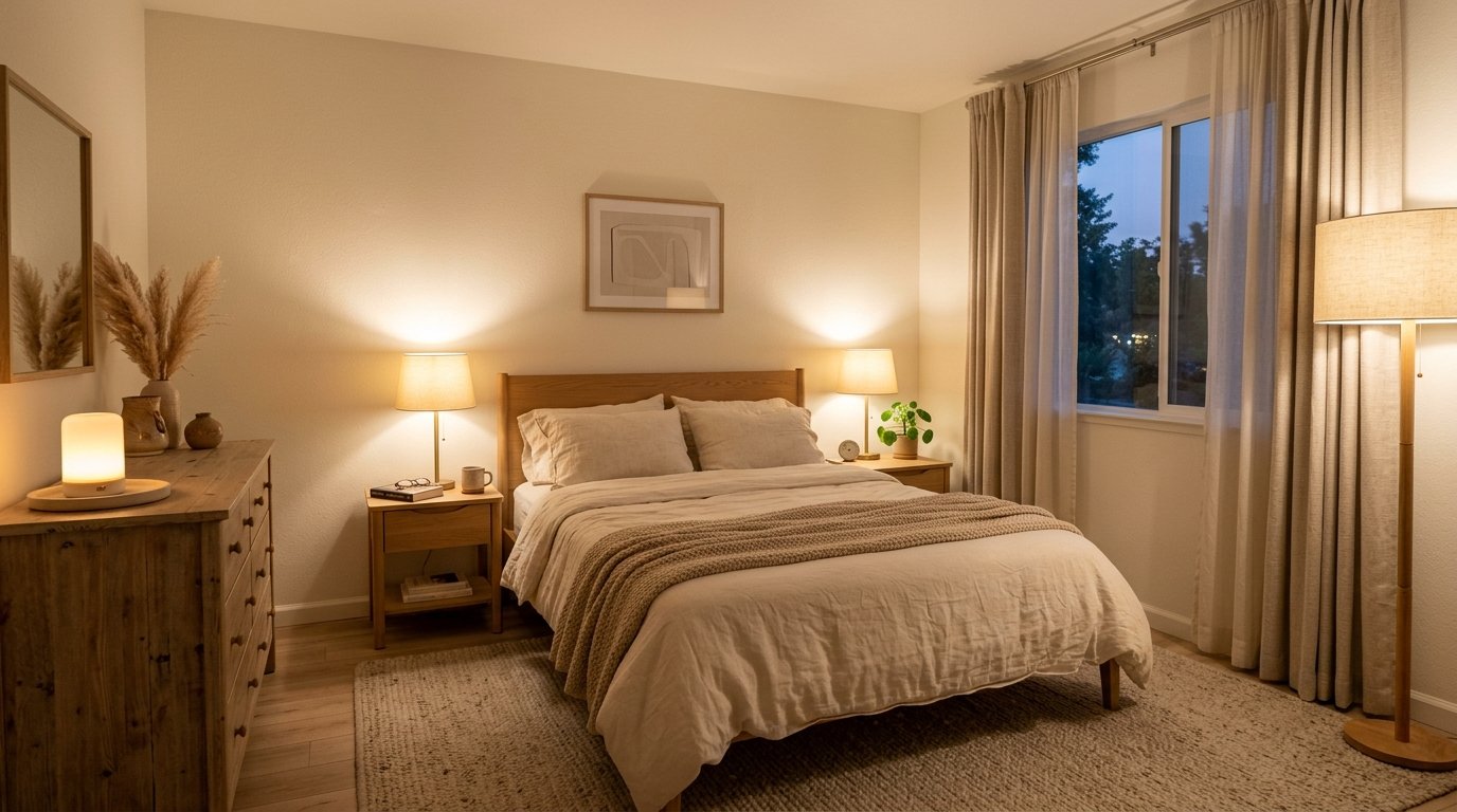 Layered warm ambient lighting with bedside lamps, floor lamp, and accent light in an evening bedroom