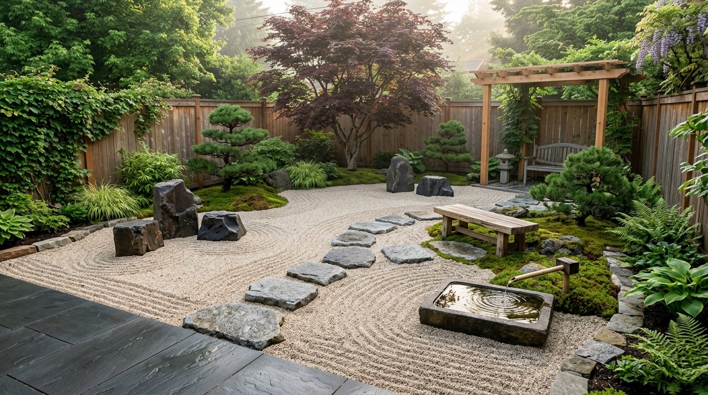 Complete backyard Japanese Zen garden landscape featuring raked gravel, stone stepping paths, water basin, pergola, and Japanese maples