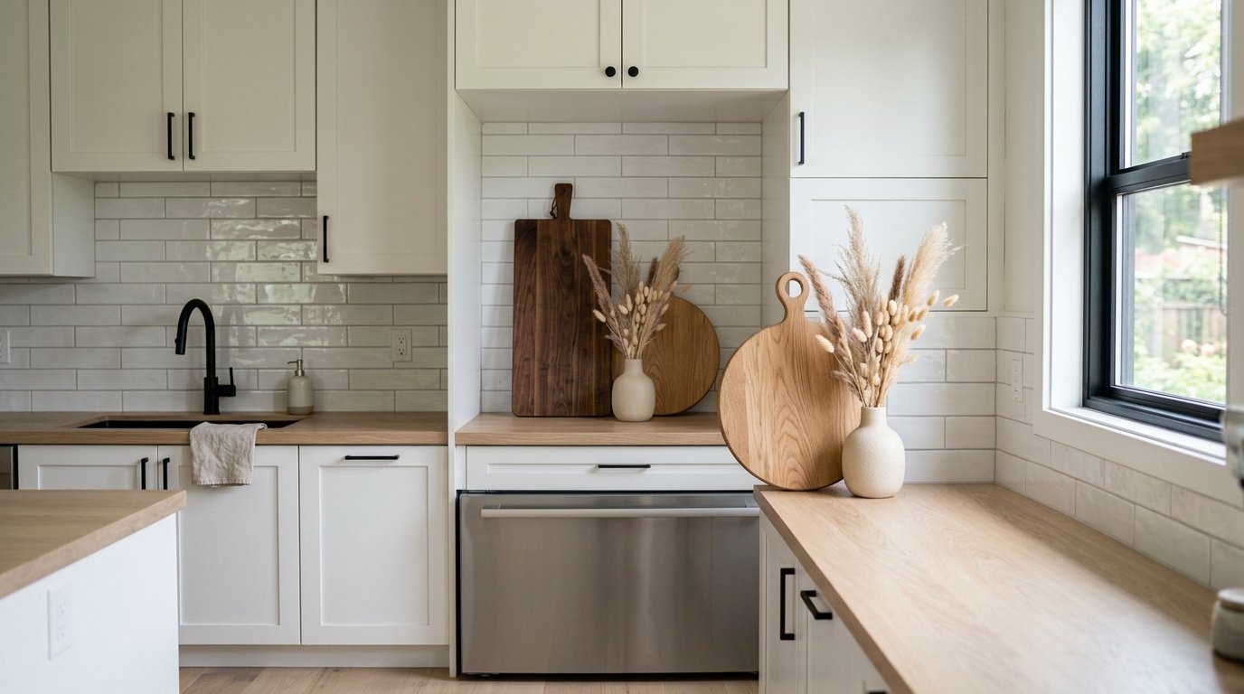 Layered wooden cutting boards and ceramic vases with dried florals displayed above a kitchen refrigerator