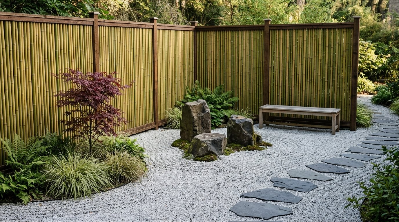 Backyard Zen retreat enclosed by a natural bamboo pole privacy fence with raked gravel, basalt boulders, and a wooden bench