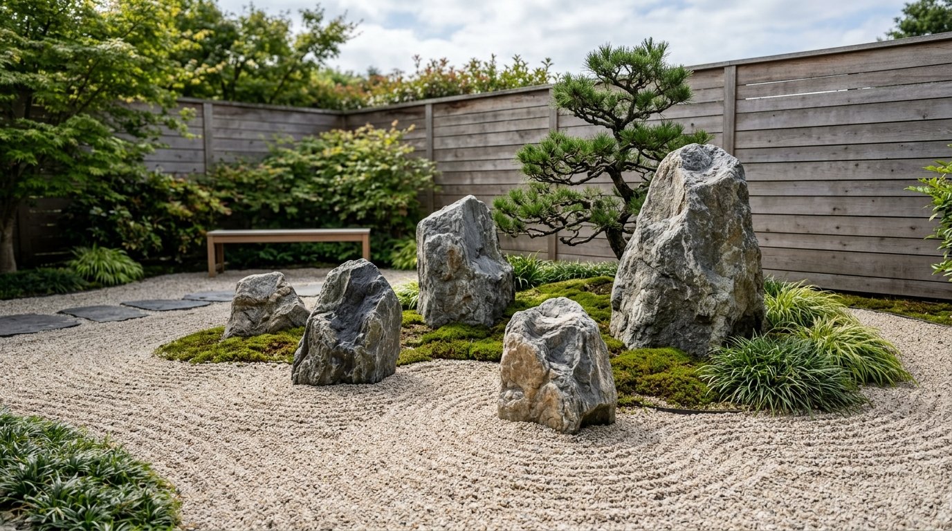 Asymmetrical cluster of large weathered granite boulders partially embedded in raked gravel with a bonsai pine tree