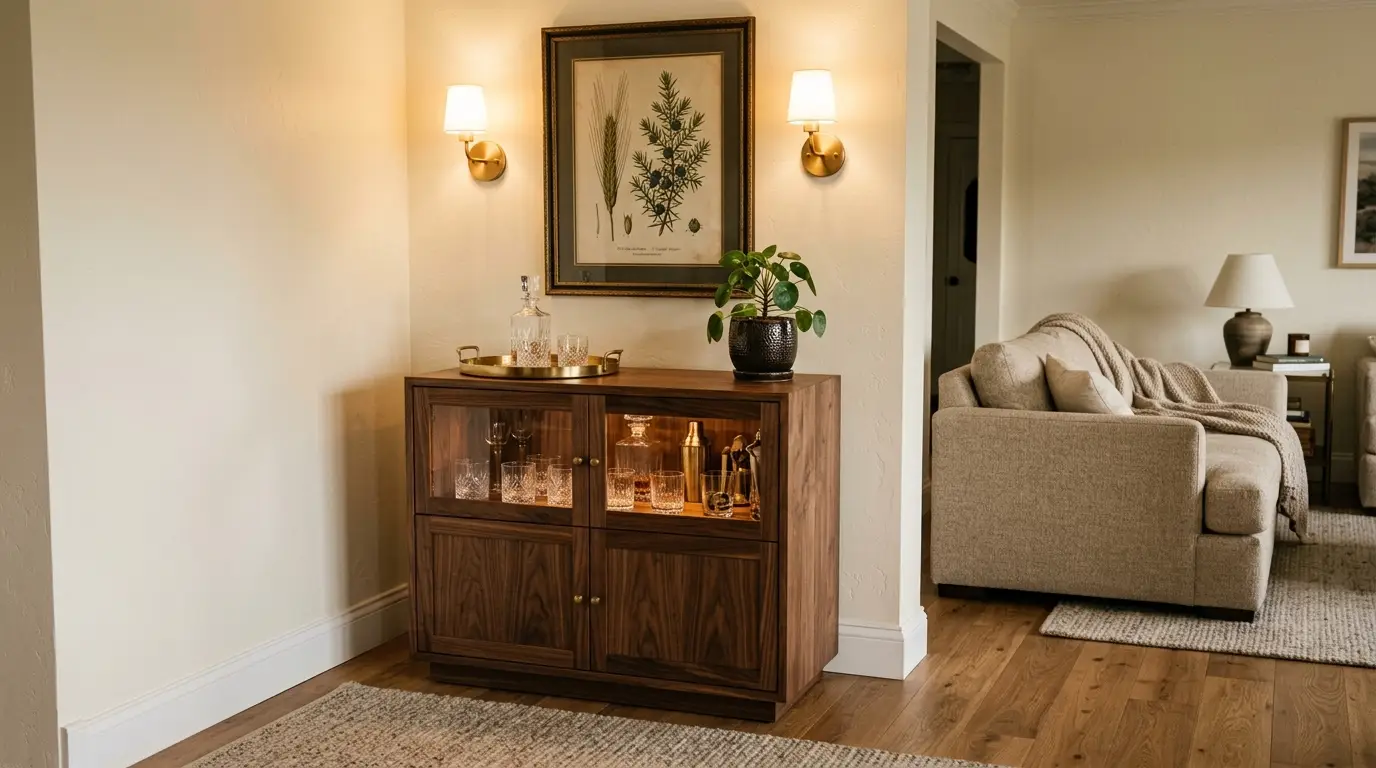 Compact walnut home bar cabinet styled with crystal glassware, brass tray, and wall sconces
