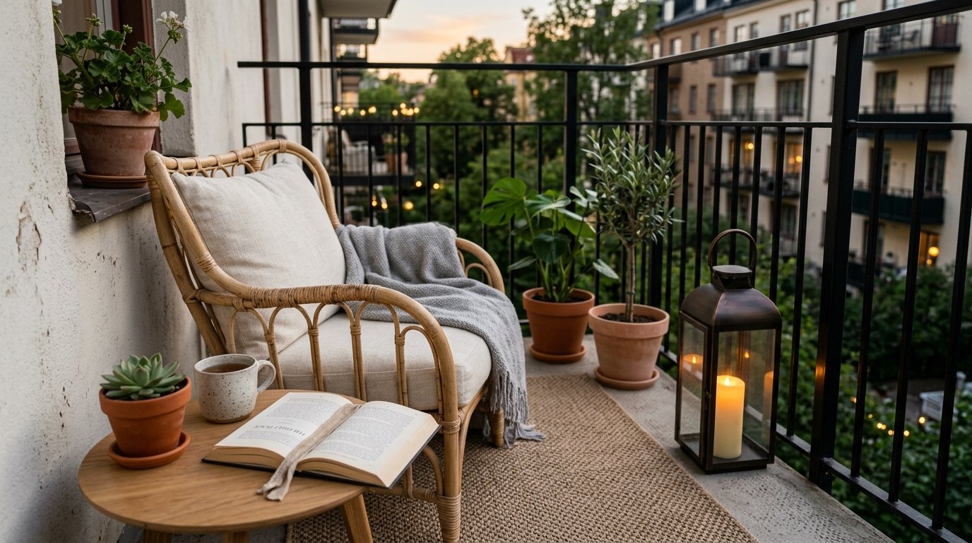 Small apartment balcony reading corner with a comfortable rattan armchair, wooden side table, and evening candle lantern
