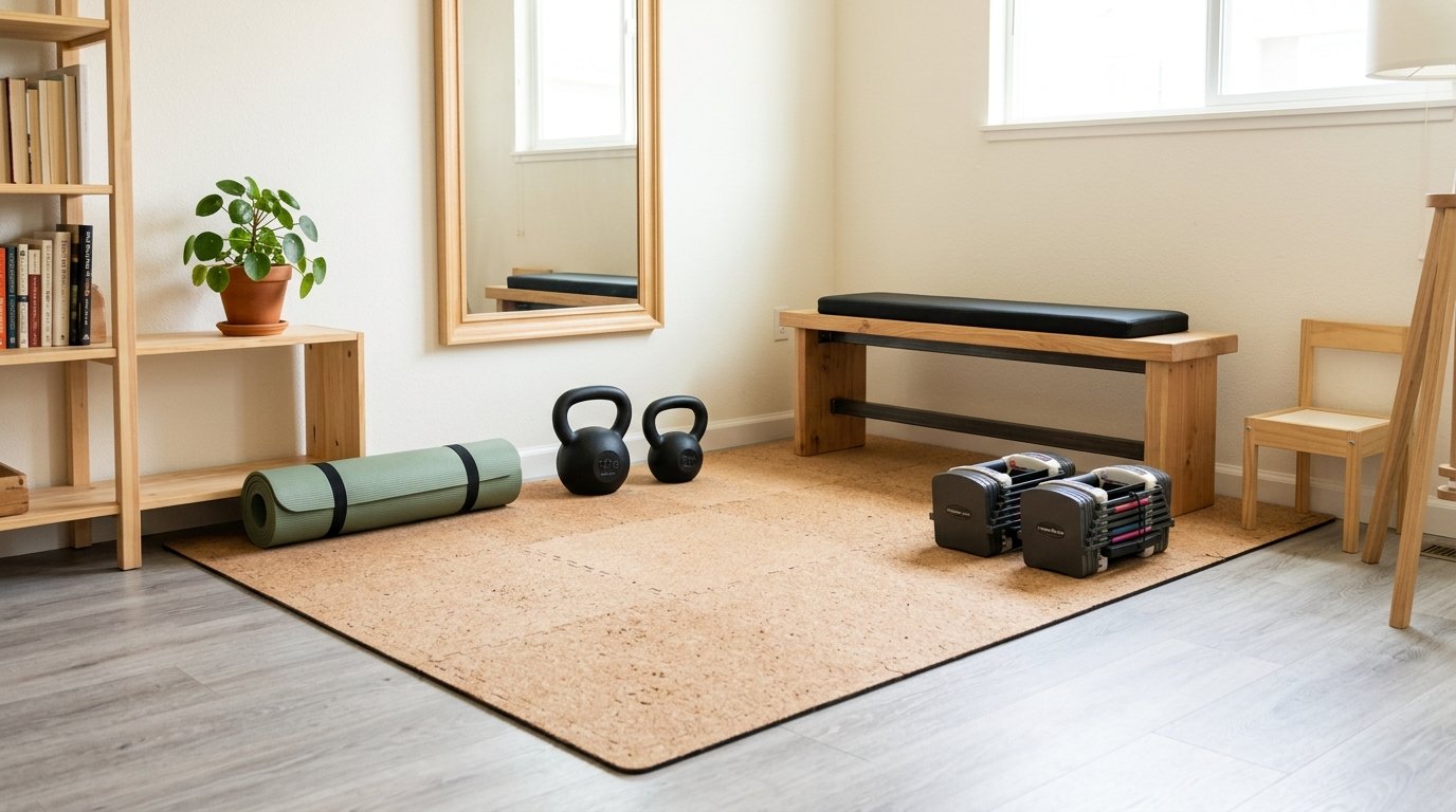 Interlocking natural cork exercise mats defining a workout zone with weights and bench in a multipurpose room