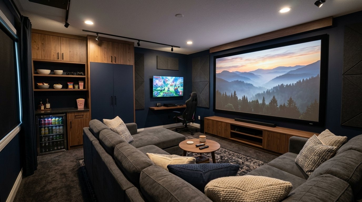 Multipurpose entertainment lounge with a large cinema projector screen, sectional seating, gaming desk, and beverage center