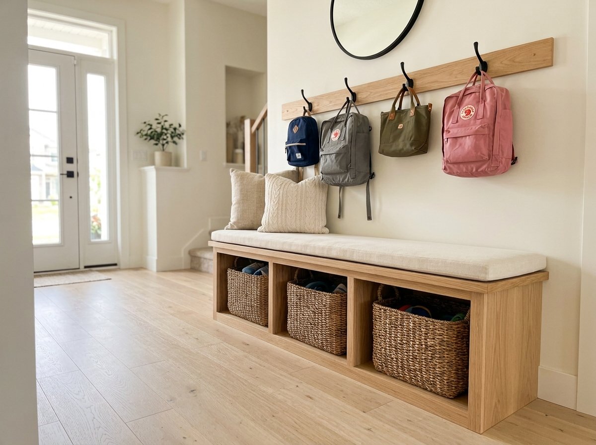 Cushioned entryway bench with open storage cubbies and woven baskets underneath backpack hooks