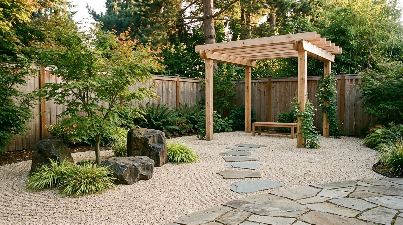 Simple wooden cedar pergola covering a garden bench with slate stepping stones leading across raked gravel