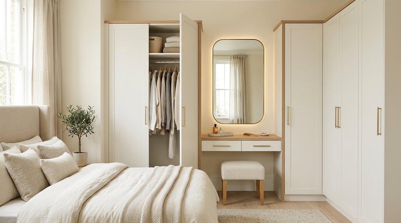 Built-in vanity table with backlit mirror and stool integrated between white corner wardrobes