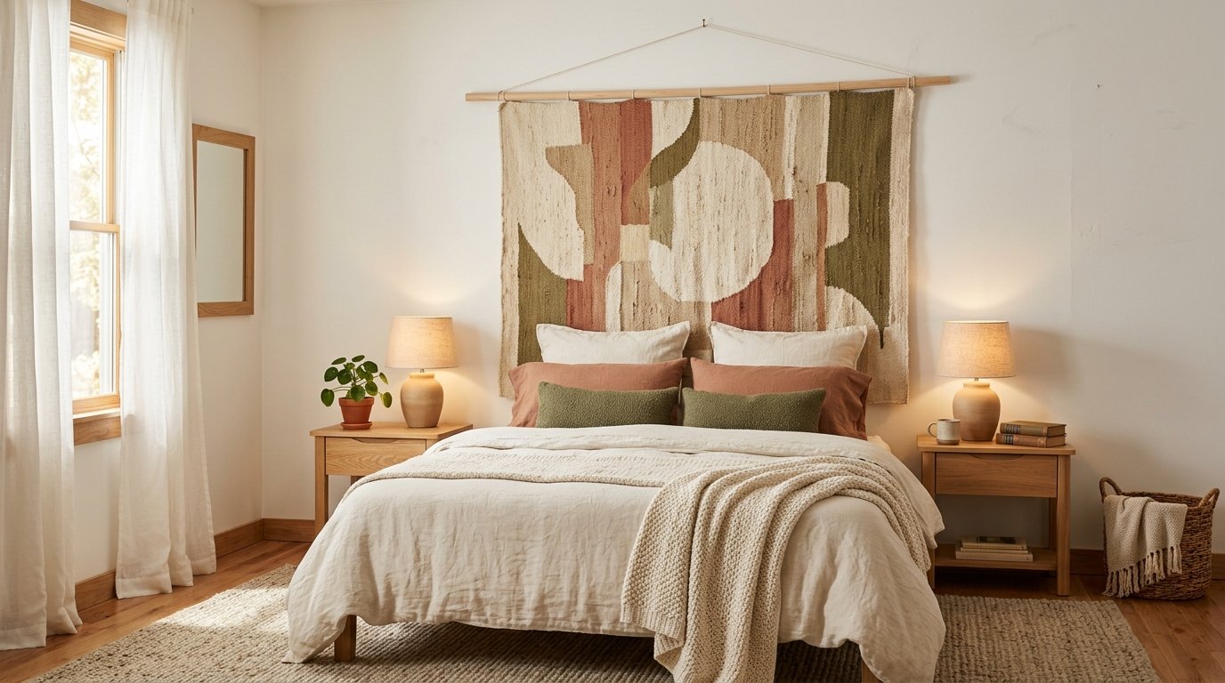 Cozy bedroom with an oversized woven abstract tapestry in warm earth tones hung as a temporary headboard backdrop