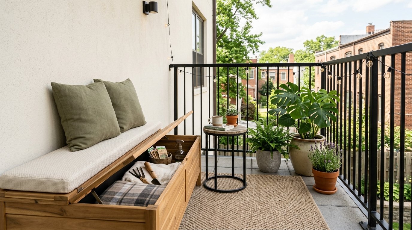 Wooden outdoor storage bench with a lift-up seat containing folded blankets and gardening supplies on a balcony