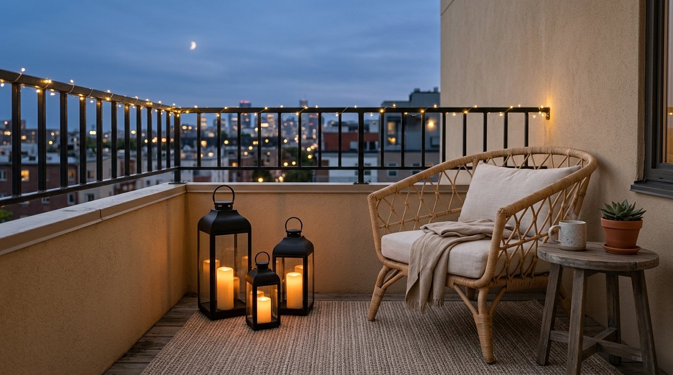 Three black metal candle lanterns glowing softly beside an outdoor wicker armchair overlooking a twilight city view