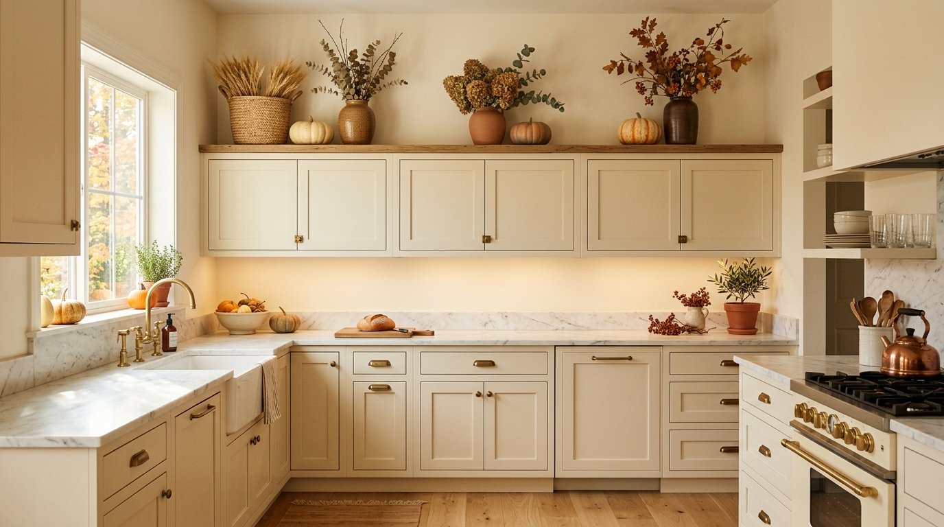 Autumn kitchen decor display above cabinets featuring miniature pumpkins, dried wheat bundles, and warm ceramic vases