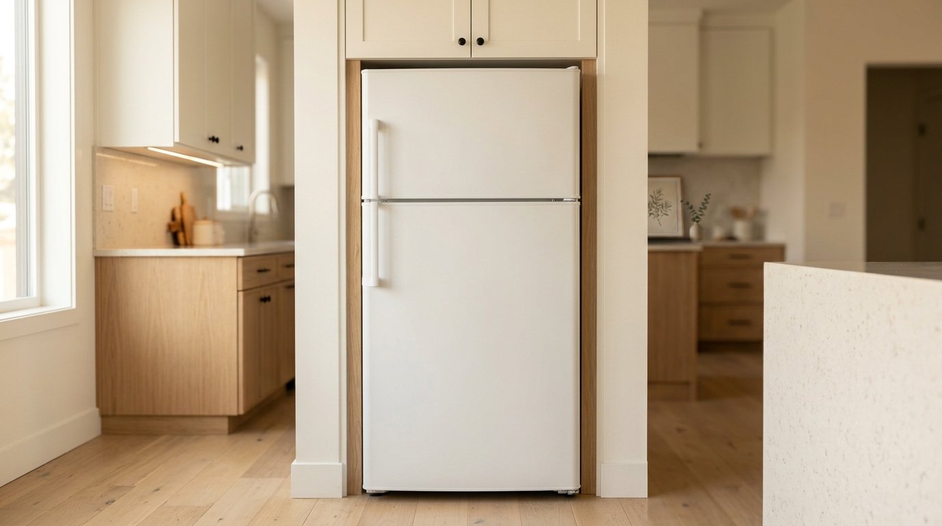 Minimalist kitchen featuring a sculptural ceramic vase with dried florals on top of a built-in refrigerator