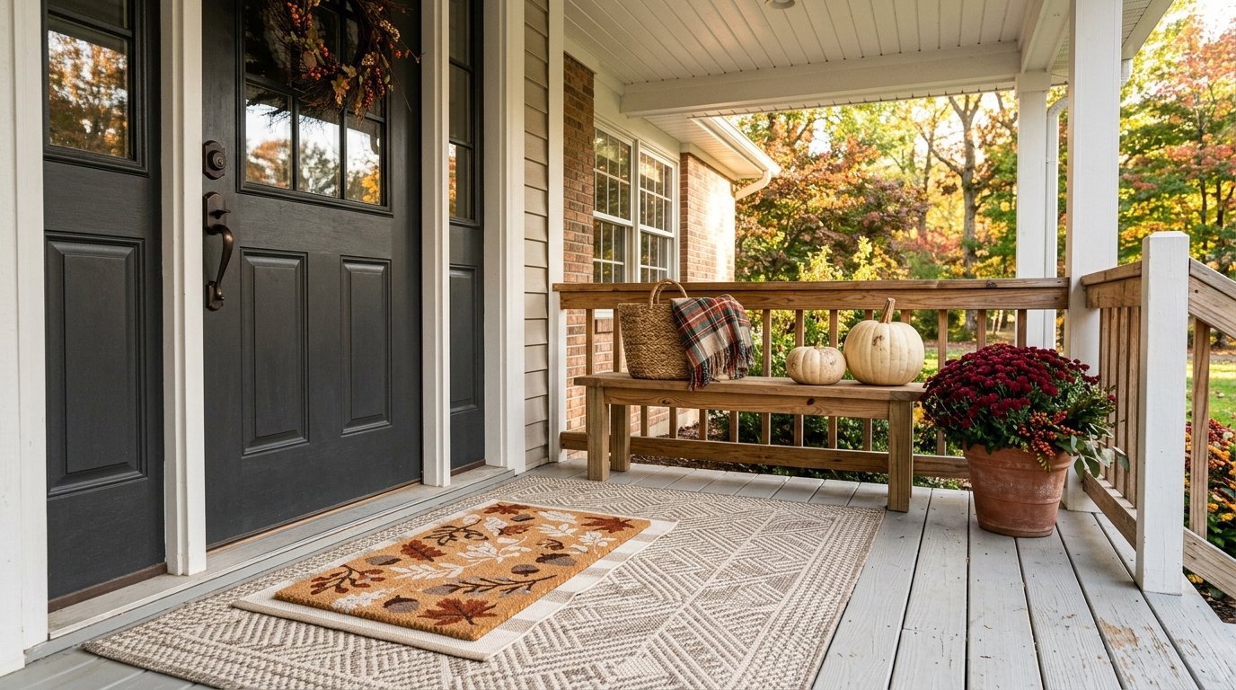 Covered porch styled with a large neutral patterned outdoor rug layered with an autumn doormat and wooden bench