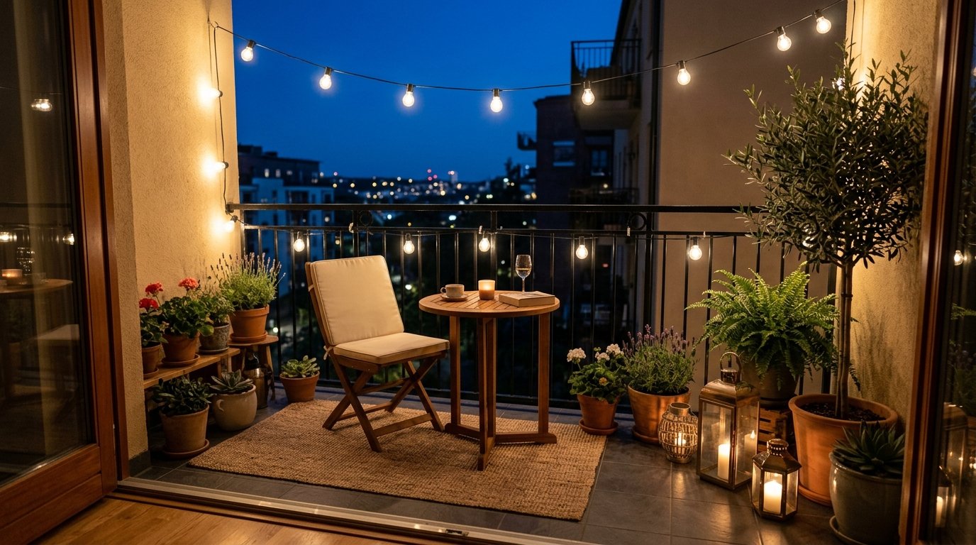 Cozy apartment balcony illuminated at dusk with warm globe string lights and glowing floor lanterns