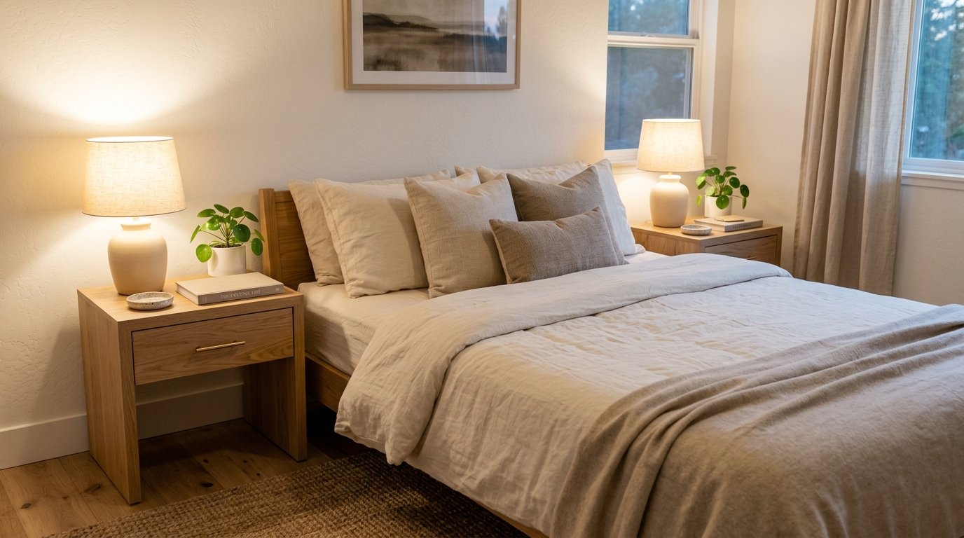 Intentionally styled oak nightstands with ceramic table lamps, small potted plants, and books