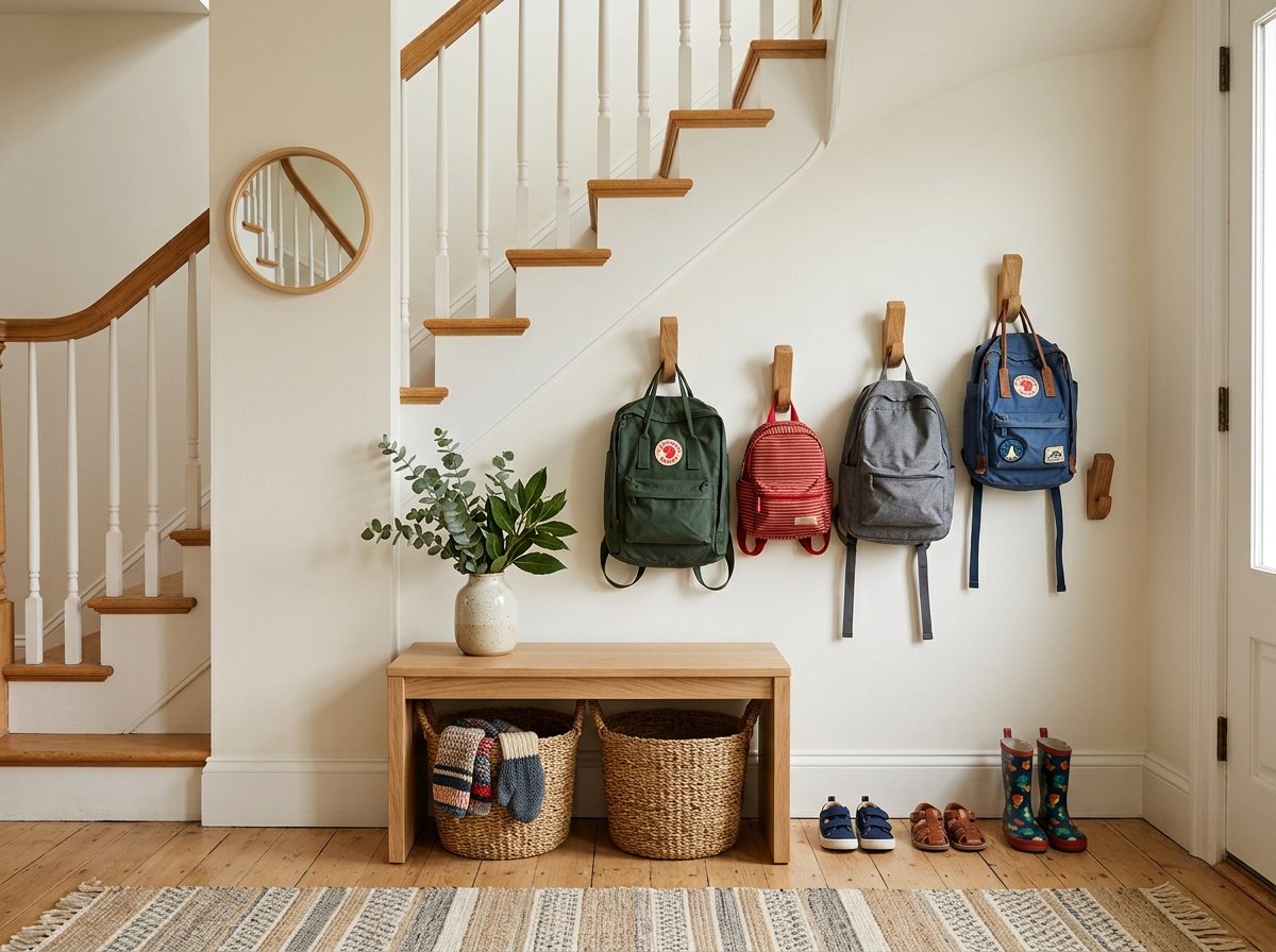 Under-stairs nook transformed into an organized entryway drop zone with wall hooks, bench, and baskets