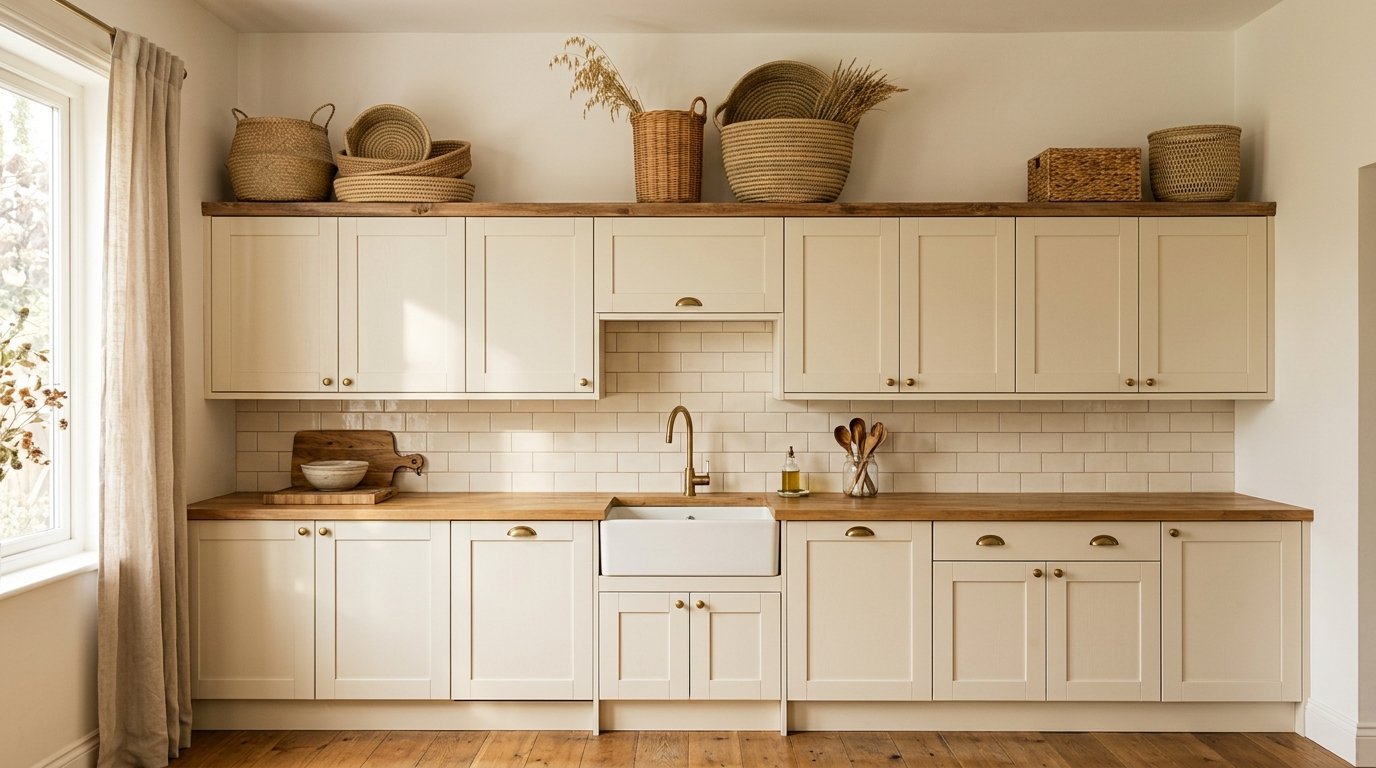 Row of natural woven seagrass and rattan baskets in varied shapes arranged across the top shelf of cream kitchen cabinets