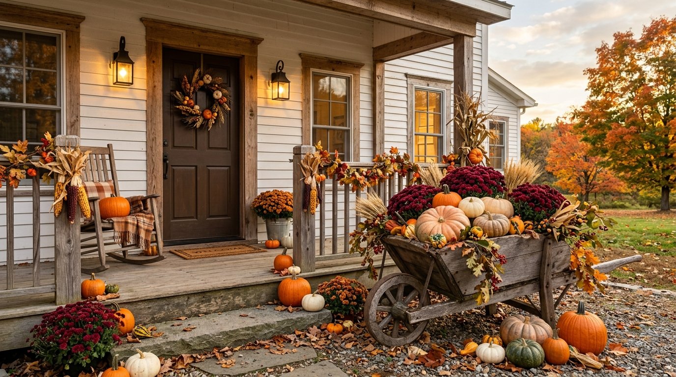 Vintage wooden wheelbarrow overflowing with an abundant harvest of pumpkins and colorful chrysanthemums on a porch lawn