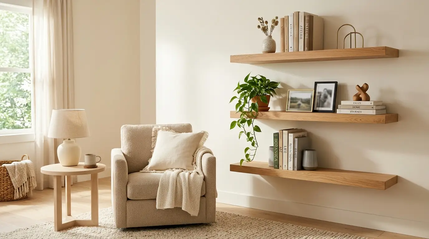 Vertical natural oak floating shelves styled with books, ceramics, and trailing plants above an armchair