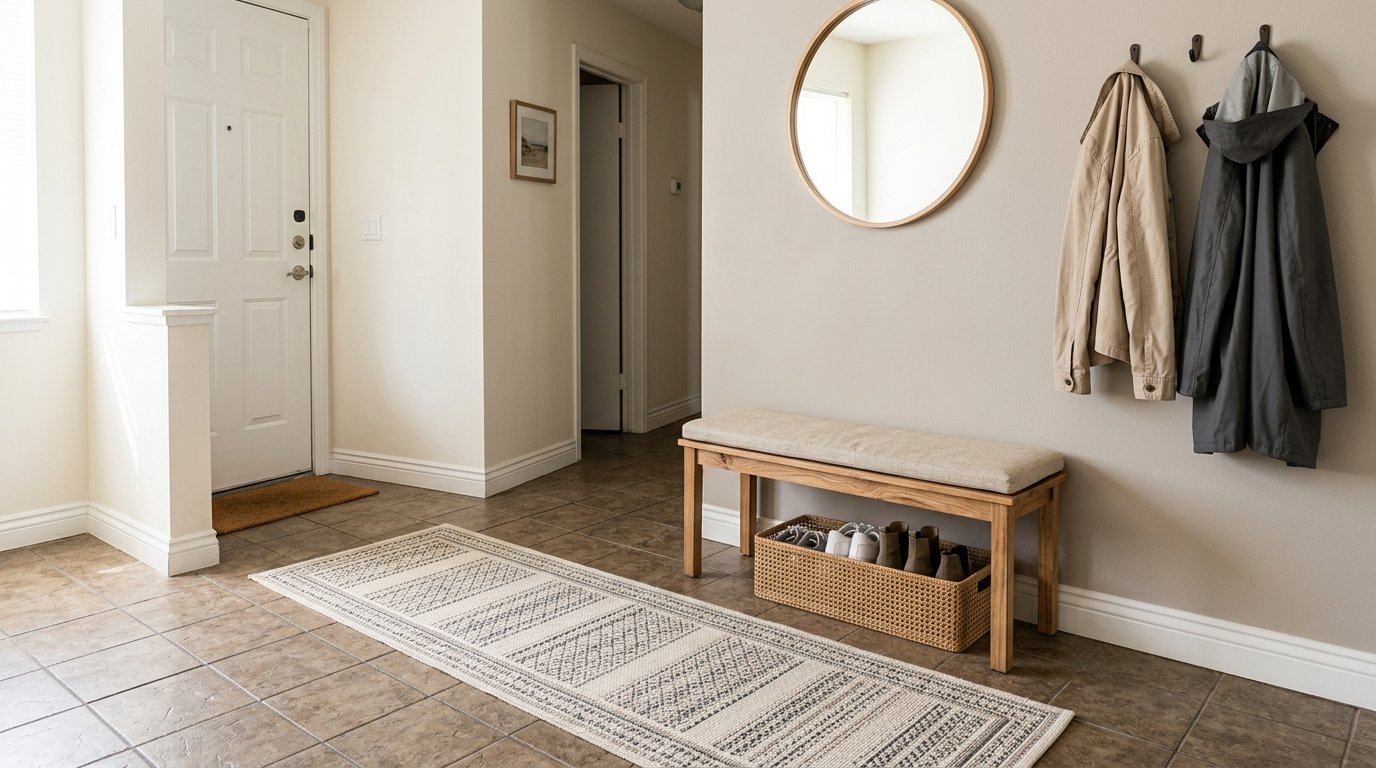 Durable flat-weave indoor outdoor runner placed over tile in a rental entryway beside a wooden bench