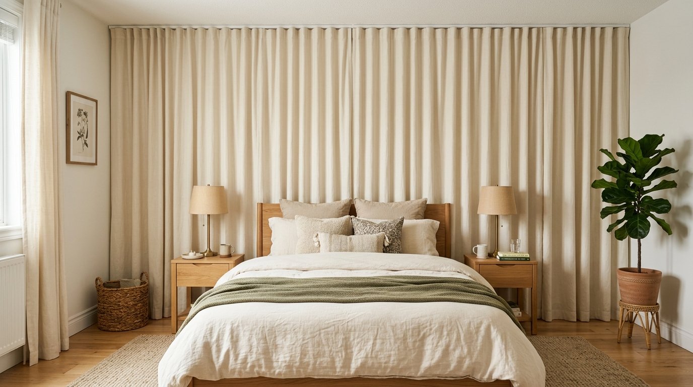 Full wall of floor-to-ceiling ivory linen curtains hung along a track behind a bed creating a luxurious fabric accent wall