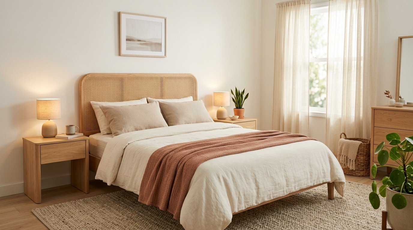 Freestanding natural rattan cane headboard adding warmth and texture to a rental bedroom