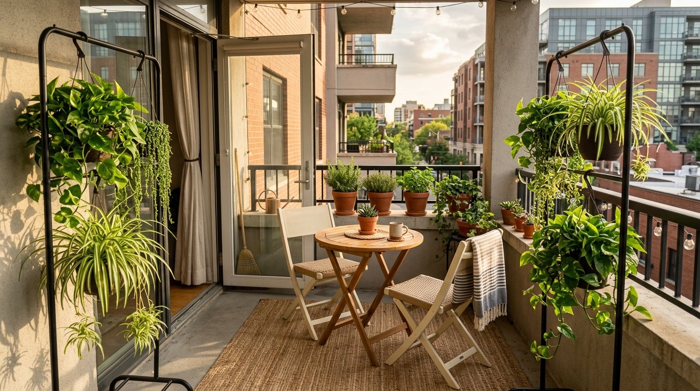 Freestanding metal plant stands with hanging baskets of trailing greenery framing a small balcony bistro set