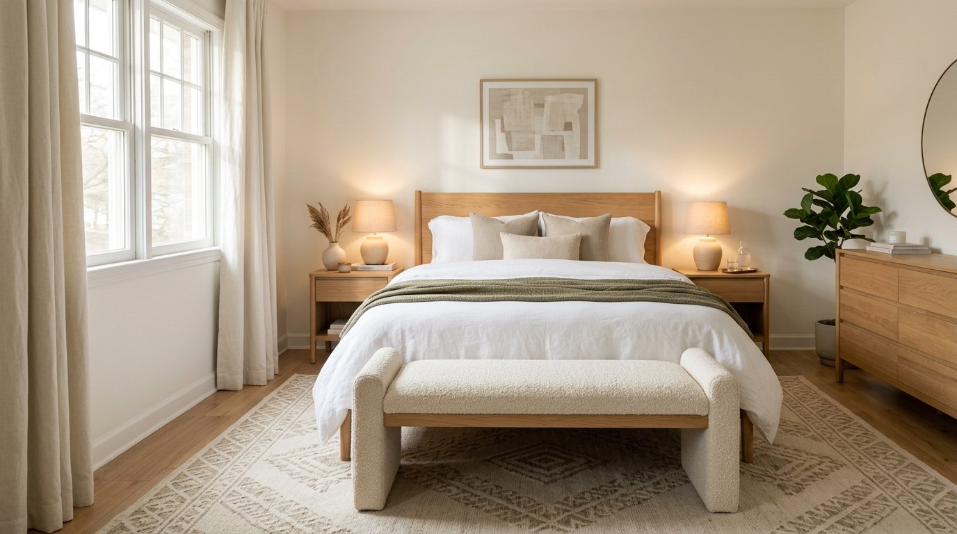 Cream boucle upholstered bench placed at the foot of a bed in a stylish rental bedroom