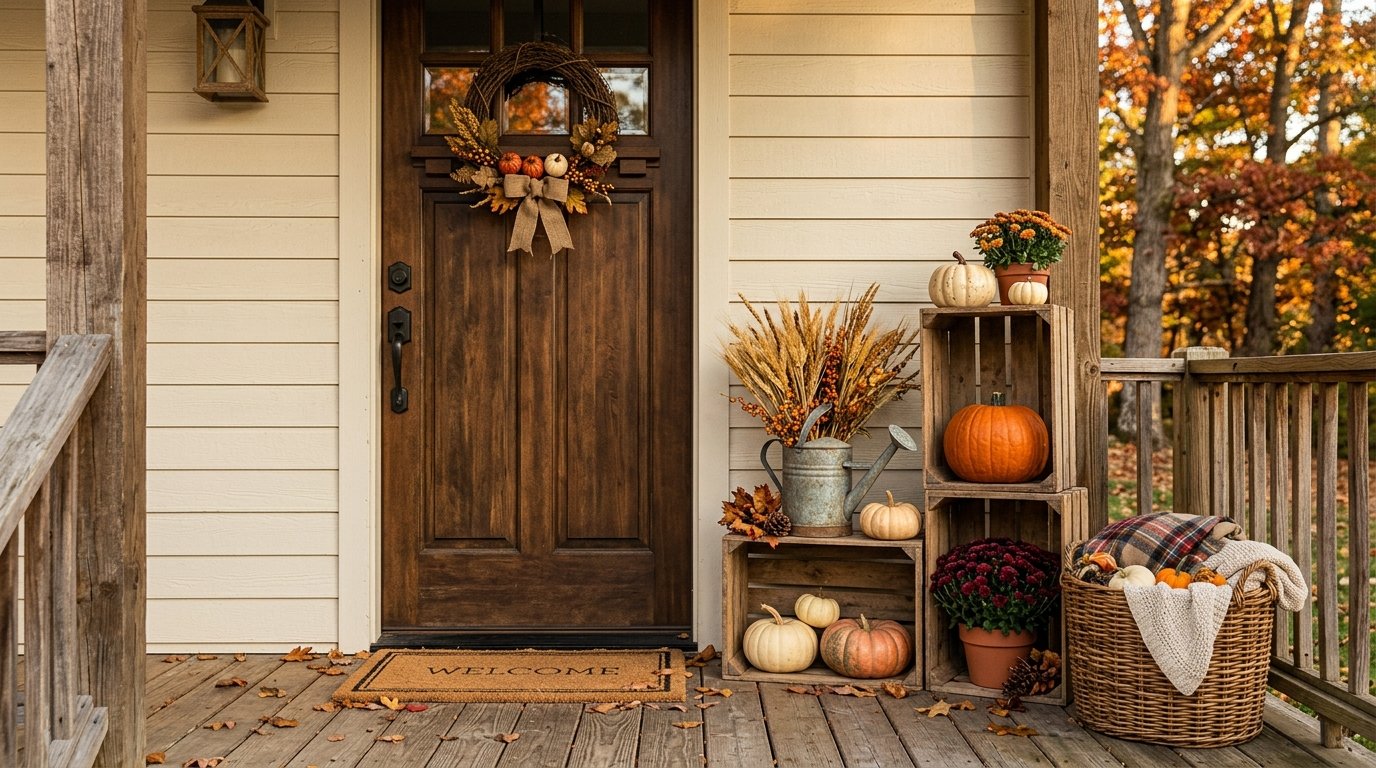 Asymmetrical stack of weathered wooden apple crates holding pumpkins, potted mums, and a metal watering can of wheat
