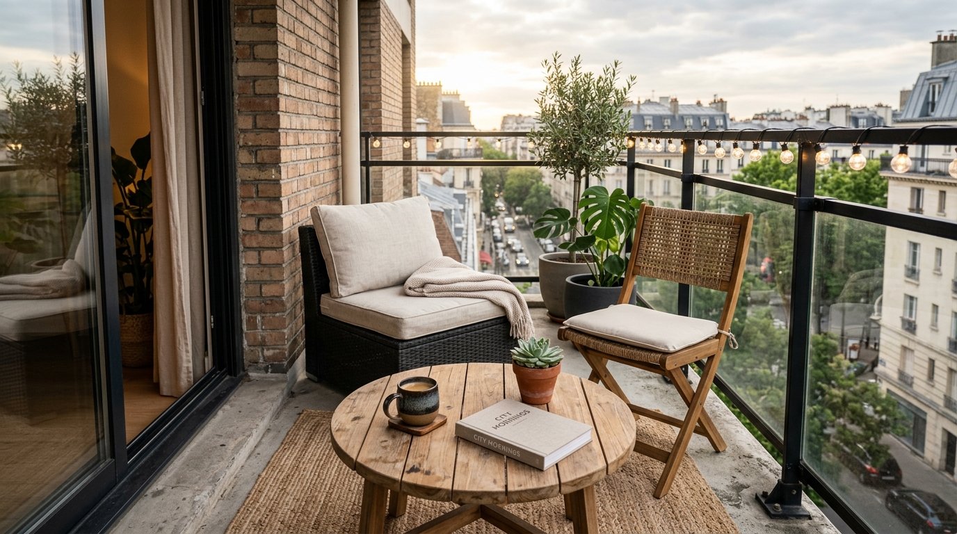 Round natural teak coffee table surrounded by a compact lounge chair and potted olive tree on an urban balcony